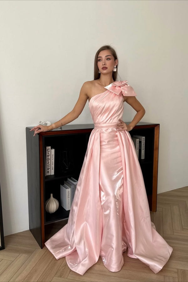 Charming Pink One-Shoulder Sleeveless Satin Mermaid Prom Dresses Detachable Skirt With Bow Knot