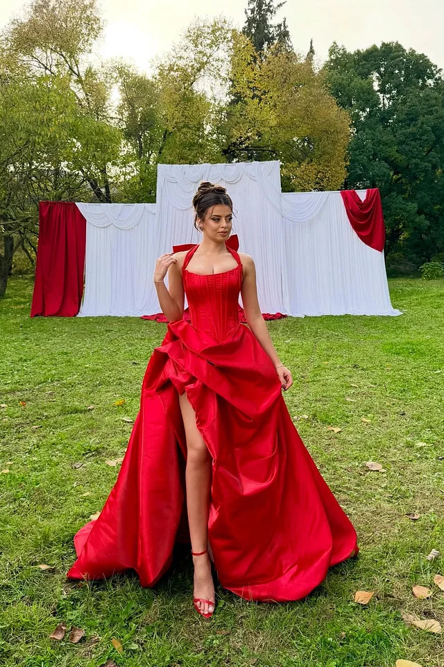 Charming Red Halter Sleeveless A-Line Satin Prom Dress High Split With Pleats Zipper
