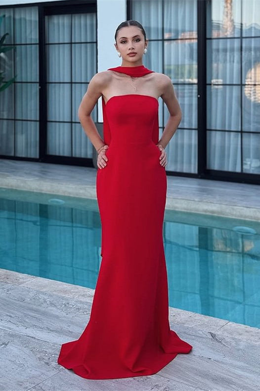 Charming Red Strapless Satin Mermaid Prom Dresses Floor-Length Sleeveless