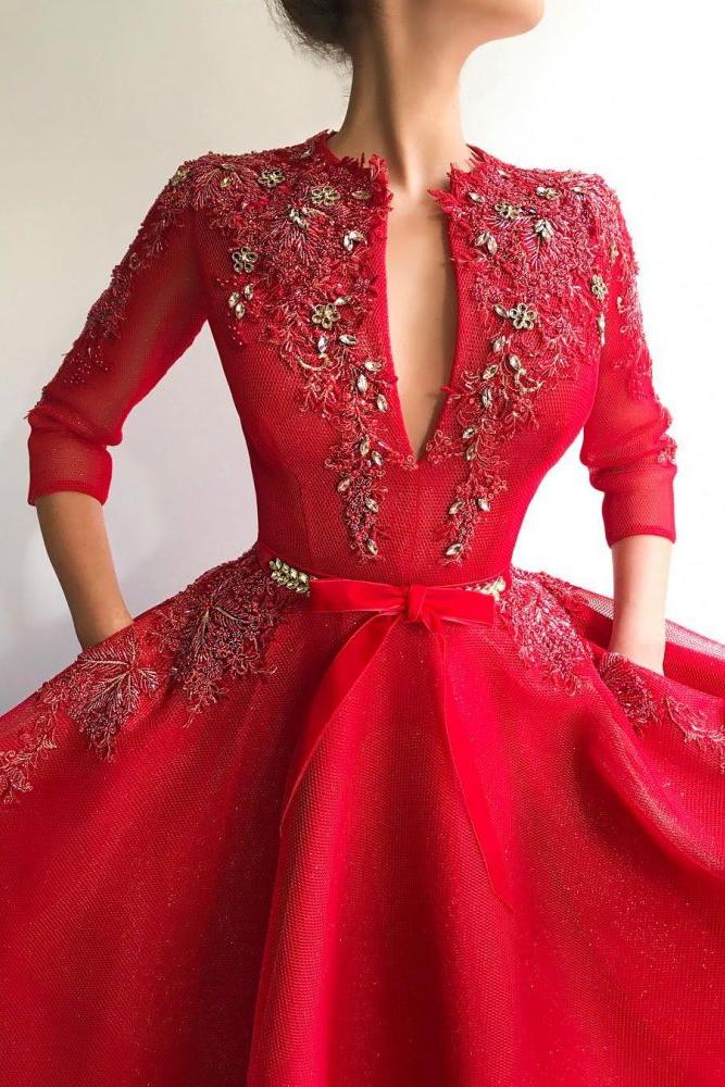 Charming Sequins Tulle V-Neck Red Jewel 3/4 Sleeves Appliques Long Prom Party Gowns