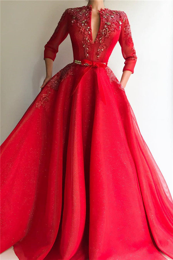 Charming Sequins Tulle V-Neck Red Jewel 3/4 Sleeves Appliques Long Prom Party Gowns