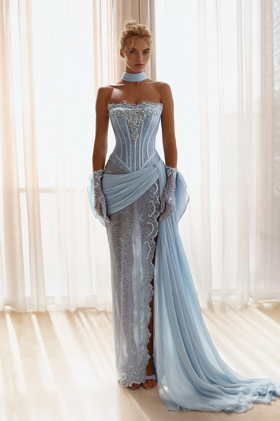Charming Sky Blue Strapless Sleeveless Prom Dress High Split Gem With Ruffle