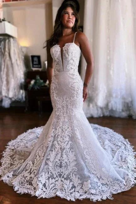 Charming Sleeveless Spaghetti Straps Floor Length Mermaid Wedding Dress (ZD14884)