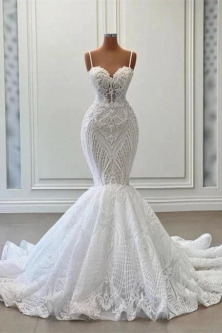 Charming Sleeveless Spaghetti Straps Mermaid Wedding Dress with Ruffles (ZD14937)