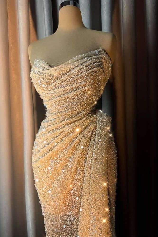 Charming Strapless V-Neck Crystal Sequins Draped Mermaid Prom Dresses