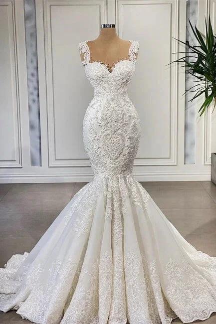 Charming Straps Sleeveless Mermaid Wedding Dress with Ruffles (ZD14939)