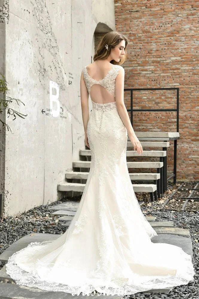 Charming V-Neck Floral Lace Mermaid Bridal Gown Sleeveless Sain Dress For Bride (ZD13893)