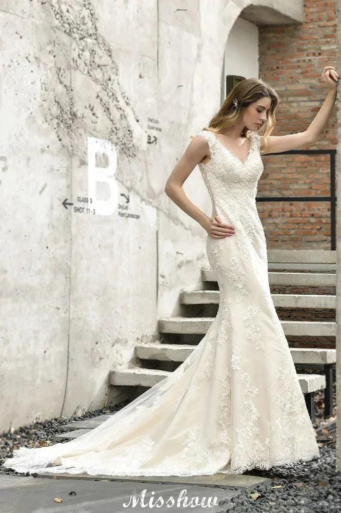 Charming V-Neck Floral Lace Mermaid Bridal Gown Sleeveless Sain Dress For Bride (ZD13893)