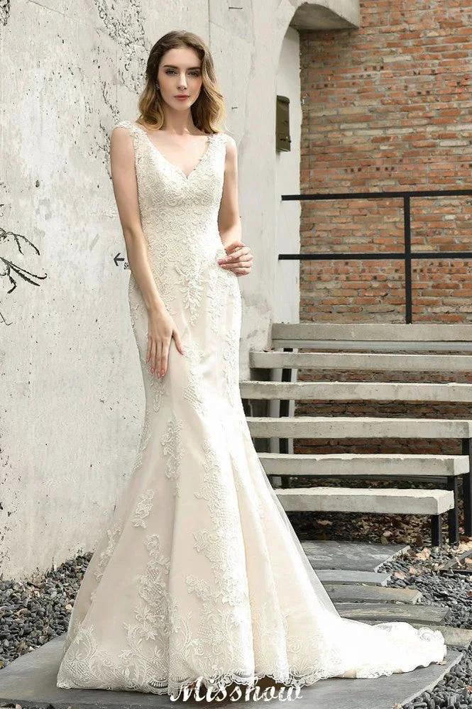 Charming V-Neck Floral Lace Mermaid Bridal Gown Sleeveless Sain Dress For Bride by misshow.com
