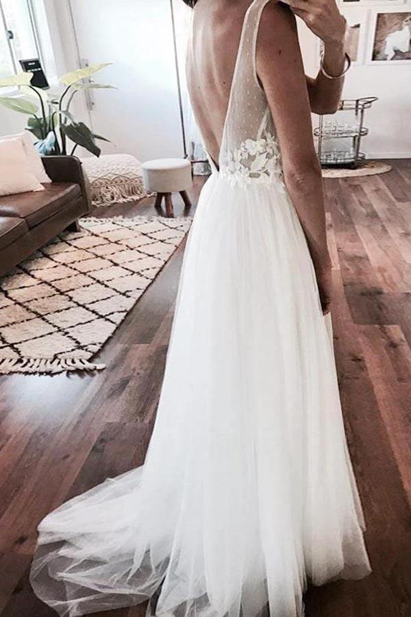 Ivory Tulle Beach Lace Applique See Through Wedding Dress (ZD15371)