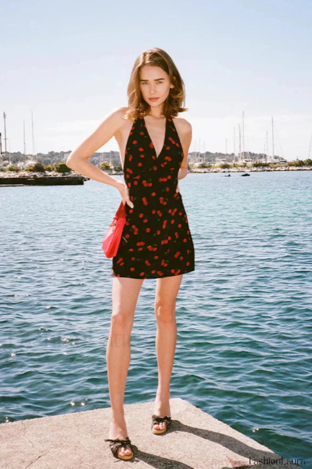 Cherry Print Deep Dress with Tailored Everyday Styling Boutique Fashion Style