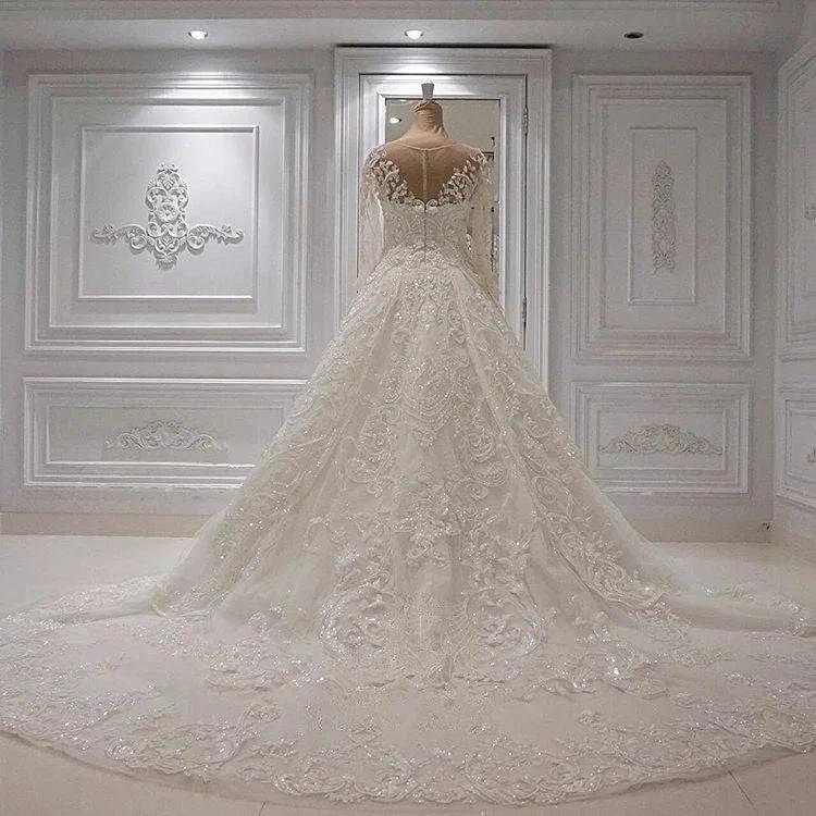 Chic Ivory Long A-line Jewel Tulle Appliques Lace Wedding Dresses (ZD14476)