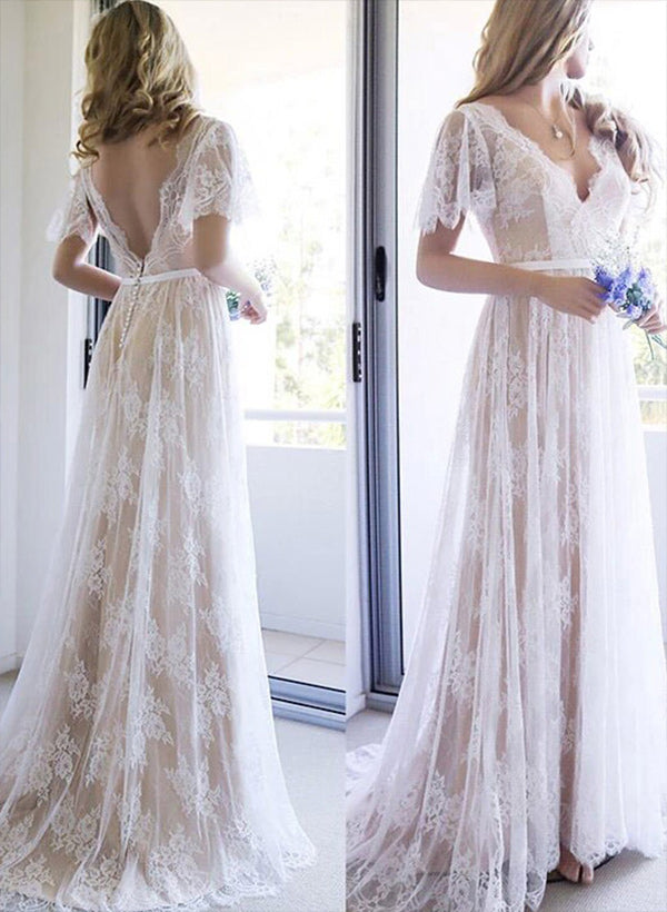 Chic A-Line Lace V-Neck Sweep Train Wedding Dress Lace