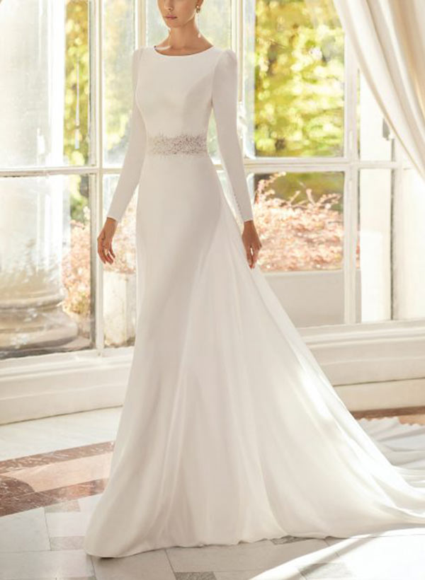 Chic A-Line Scoop Neck Long Sleeves Court Train Elastic Satin Wedding Dresses Lace