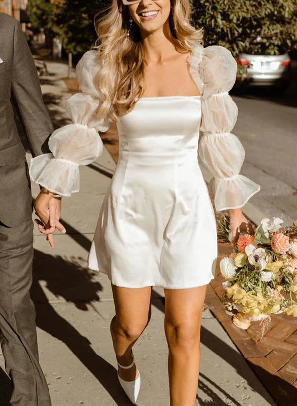 Chic A-Line Square Neckline Little White Satin Tulle Wedding Dresses Long Sleeves