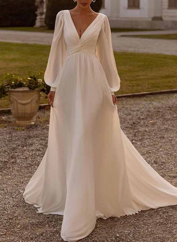 Chic A-Line V-Neck Long Sleeves Sweep Train Wedding Dresses Sash