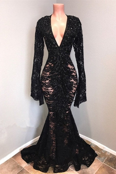 Chic Black Lace V-Neck Long Sleevess Mermaid Prom Dresses Sheer Floor-Length Evening Gowns