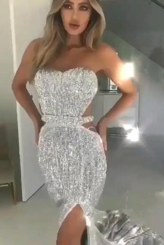 Chic Black Tube Top Sequins Floor-Length Prom Dresses With Split White Open Back Party Gowns