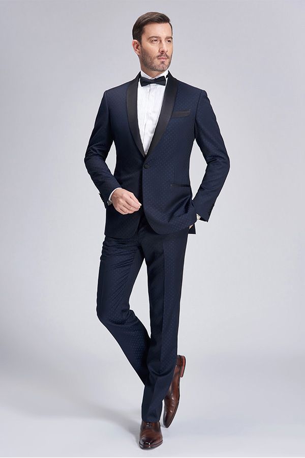 Chic Blue Dots Shawl Lapel Wedding Tuxedos Dark Navy Wedding Suits for Men