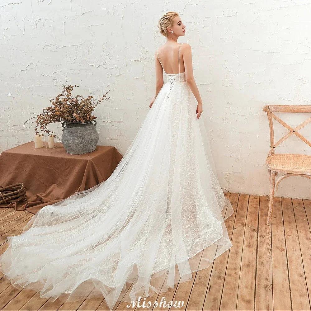 Chic Deep V-Neck White Tulle Princess Open Back Wedding Dress with Court Train (ZD13977)