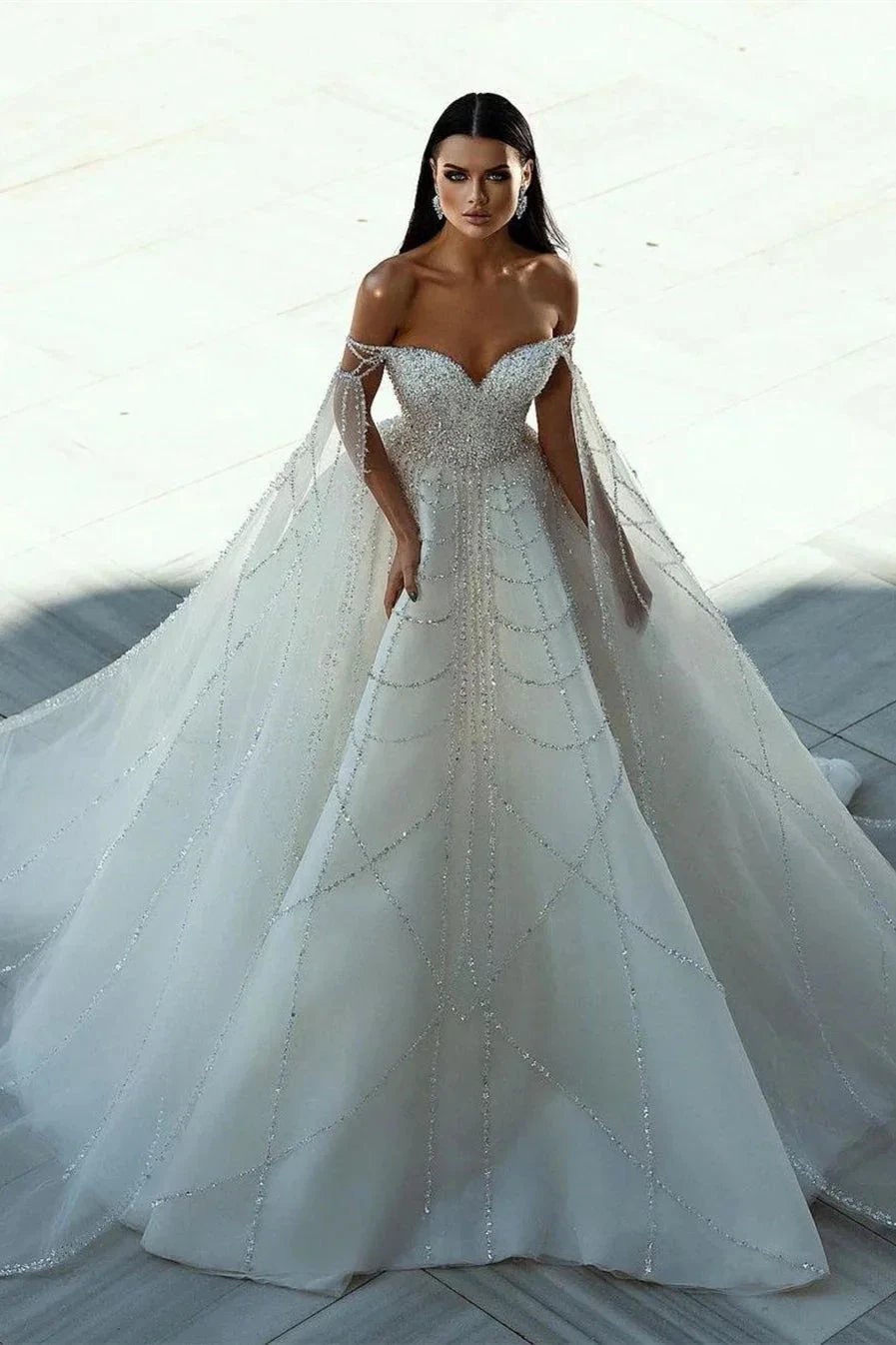 Chic Floor Length Sweetheart Off-The-Shoulder A-Line Sequined Wedding Dress (ZD14788)