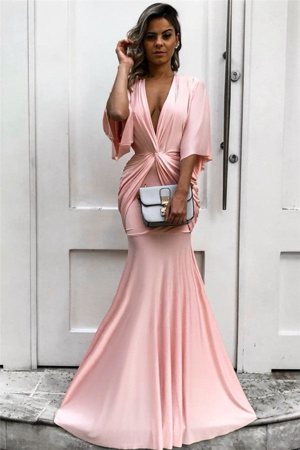 Chic Half Sleeves Deep V-Neck Pink Evening Dresses Chic Mermaid Formal Dresses with Pleats