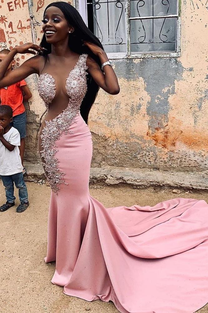 Chic Jewel Lace Appliques Mermaid Long Prom Dresses With Court Train Sheer Sleeveless Long Evening Gowns