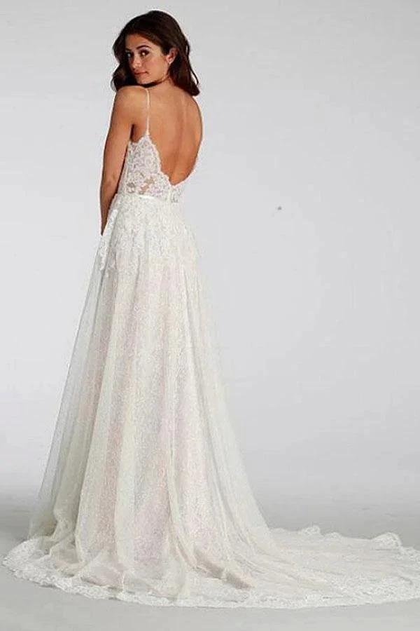 Chic Lace Beach Spaghetti Straps Long Wedding Dresses (ZD16061)