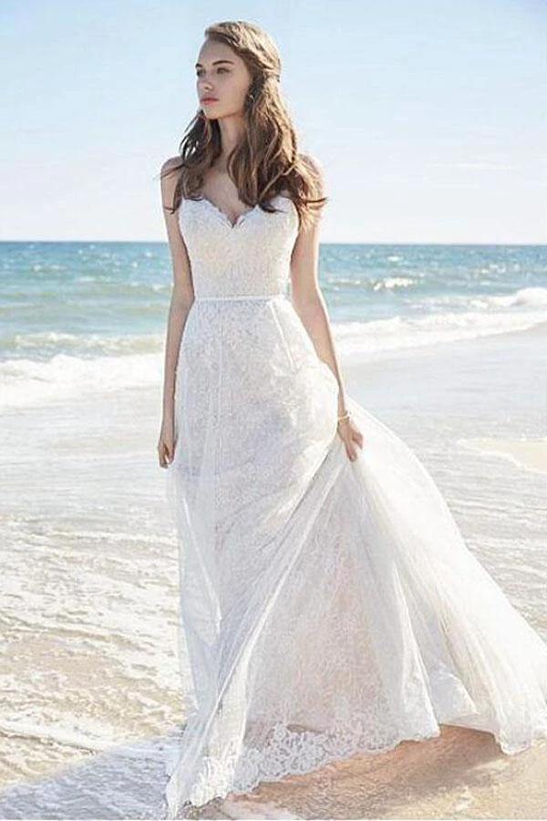 Chic Lace Beach Spaghetti Straps Long Wedding Dresses (ZD16061)