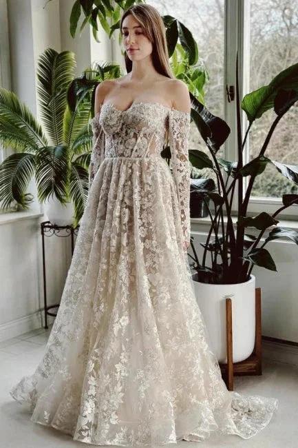 Chic Long A-line Off-the-shoulder Lace Beading Wedding Dress with Long Sleeves (ZD15565)