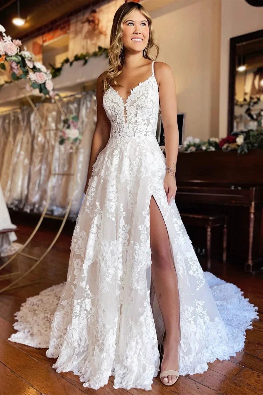 Chic Long A-line Spaghetti Straps Lace Wedding Dress With Slit (ZD16391)
