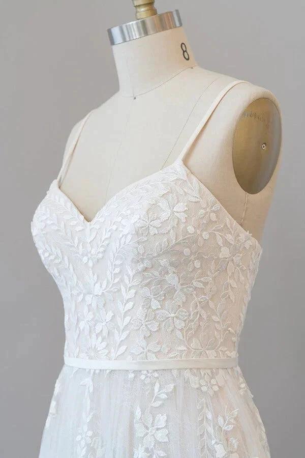 Chic Long A-line Sweetheart Spaghetti Strap Appliques Tulle Wedding Dress (ZD15781)