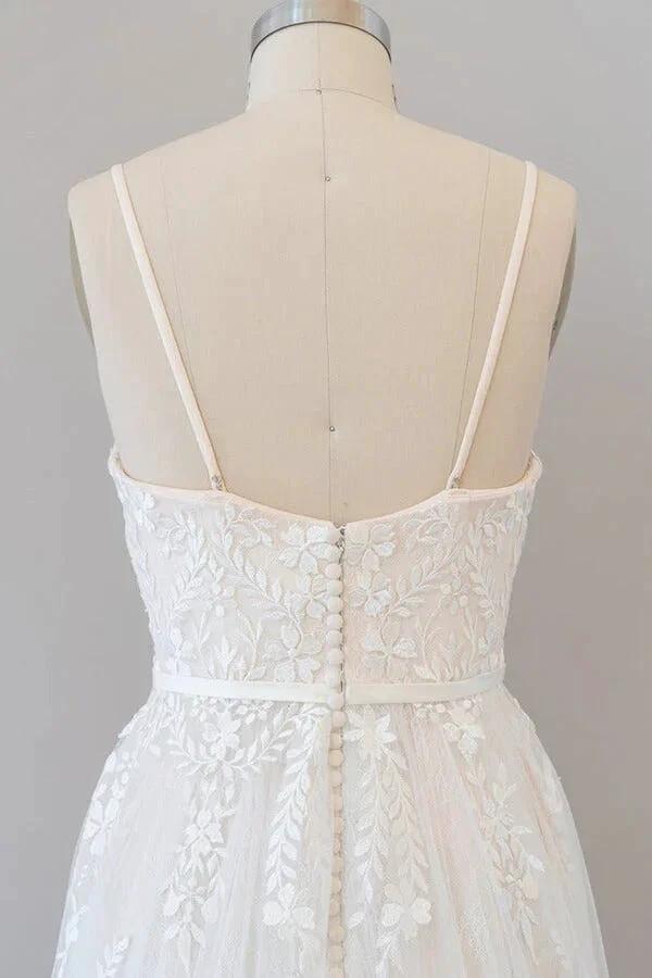 Chic Long A-line Sweetheart Spaghetti Strap Appliques Tulle Wedding Dress (ZD15781)