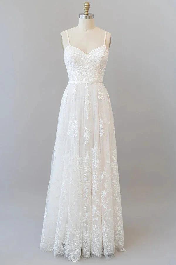 Chic Long A-line Sweetheart Spaghetti Strap Appliques Tulle Wedding Dress (ZD15781)