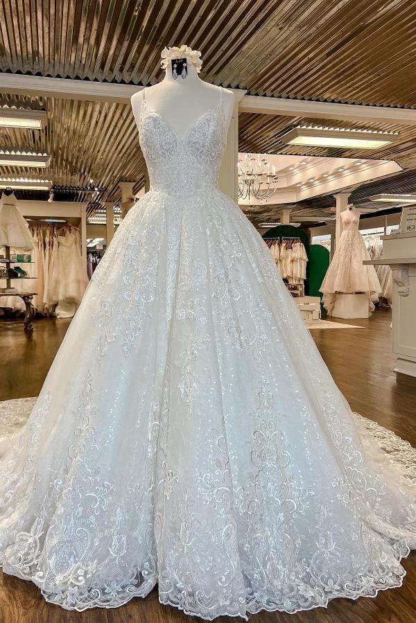 Chic Long A-line V-neck Floral Lace Open Back Wedding Dresses (ZD16725)