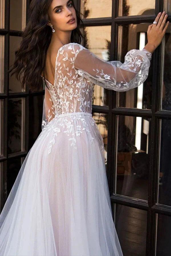 Chic Long A-line V-neck Tulle Lace Chapel Train Wedding Dress with Sleeves (ZD14362)
