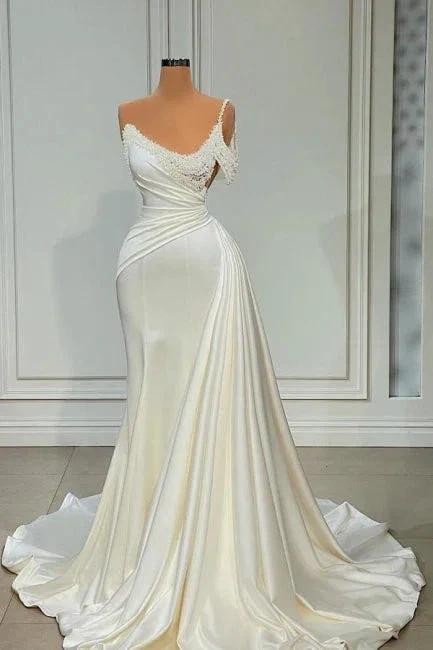 Chic Long Ivory Mermaid One Shoulder Sleeveless Wedding Dress with Pearls (ZD15608)