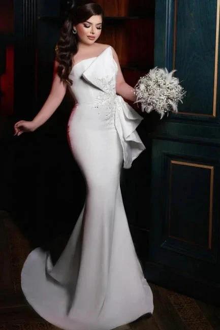 Chic Long Mermaid Simple Satin Strapless Wedding Dress With Lace (ZD15615)