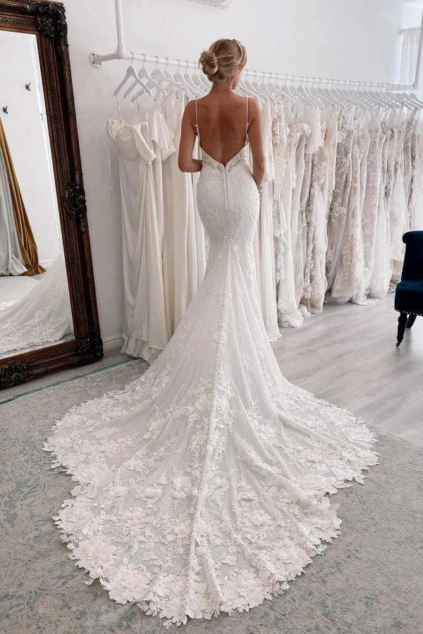 Chic Long Mermaid Sweetheart Sleeveless Spaghetti Straps Lace Backless Wedding Dresses (ZD16698)