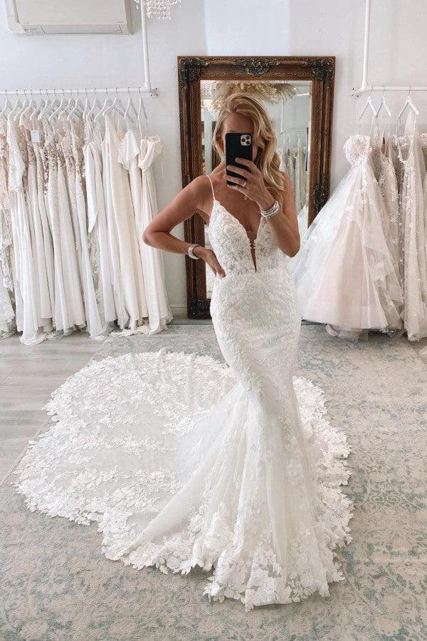 Chic Long Mermaid Sweetheart Sleeveless Spaghetti Straps Lace Backless Wedding Dresses (ZD16698)