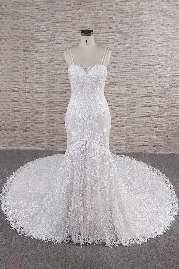 Chic Long Mermaid Sweetheart Spaghetti Strap Appliques Lace Wedding Dress (ZD15808)