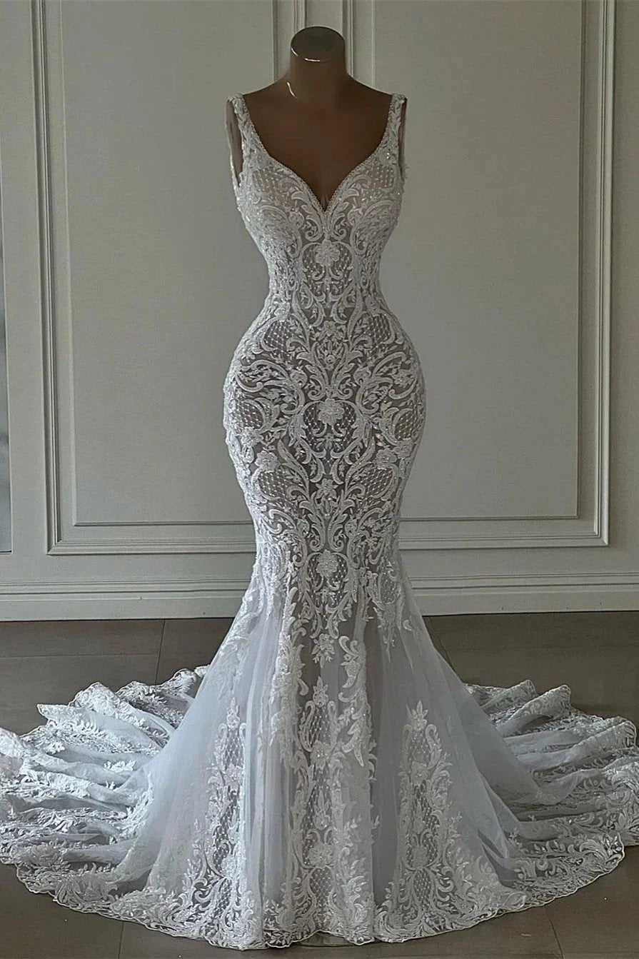 Chic Long Mermaid V-neck Sleeveless Wedding Dress With Lace (ZD15685)