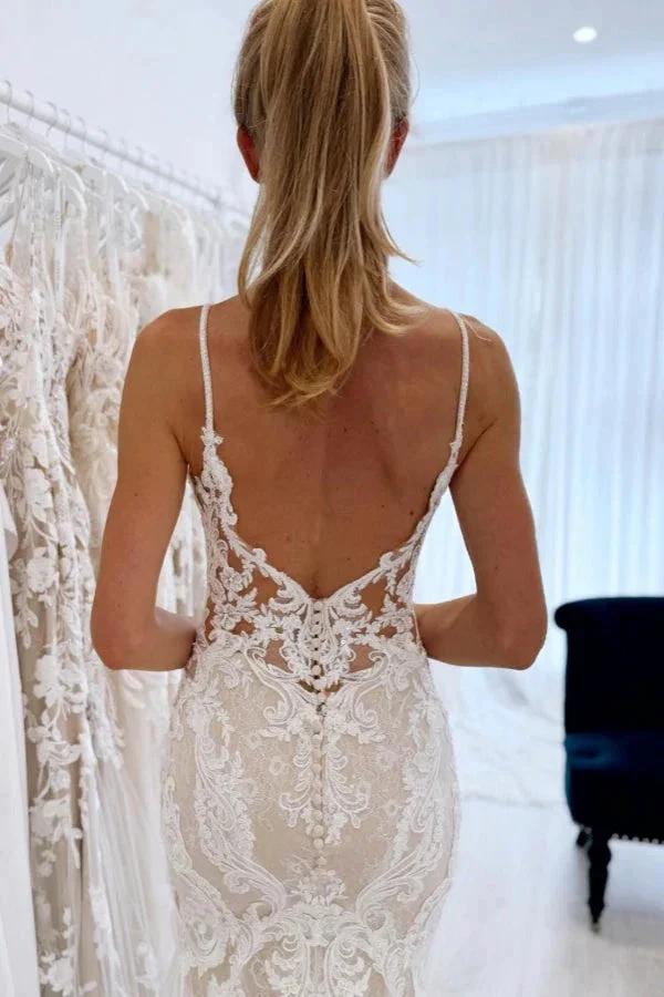 Chic Long Mermaid V-neck Spaghetti Straps Backless Lace Wedding Dress (ZD15504)