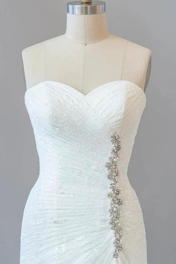 Chic Long Sheath Strapless Ruffle Lace Wedding Dress (ZD14387)