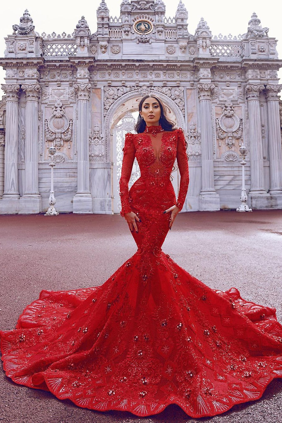 Chic Long Sleeve Red Mermaid Prom Dress With Lace Appliques