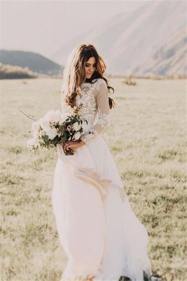 Chic Long Sleeves Tulle A-Line Wedding Dresses Appliques Floor-Length Bridal Gowns