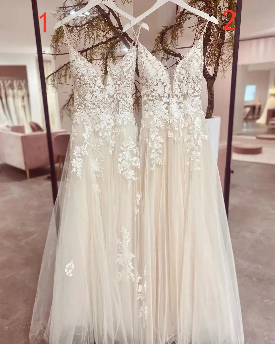 Chic Long Spaghetti Straps V-neck A-Line Tulle Wedding Dress With Appliques Lace (ZD14313)