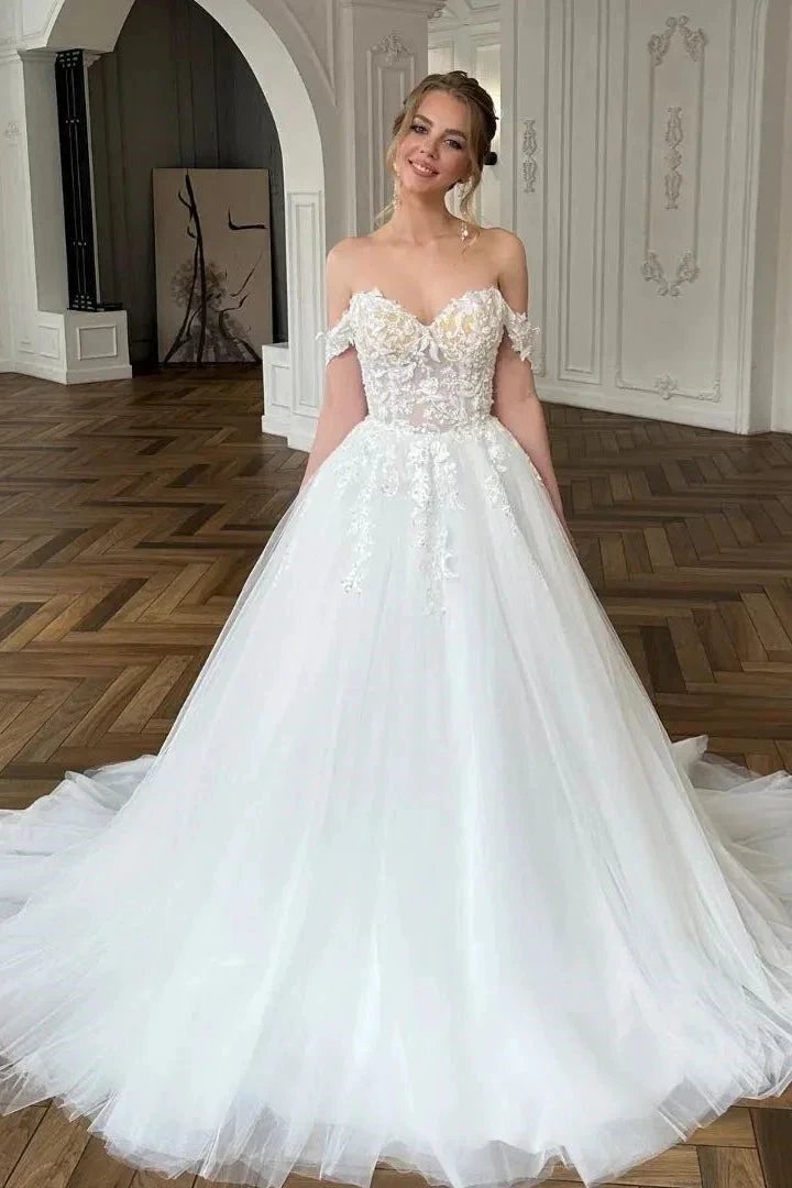 Chic Long White A-line Off-the-shoulder Lace Tulle Wedding Dress (ZD14813)