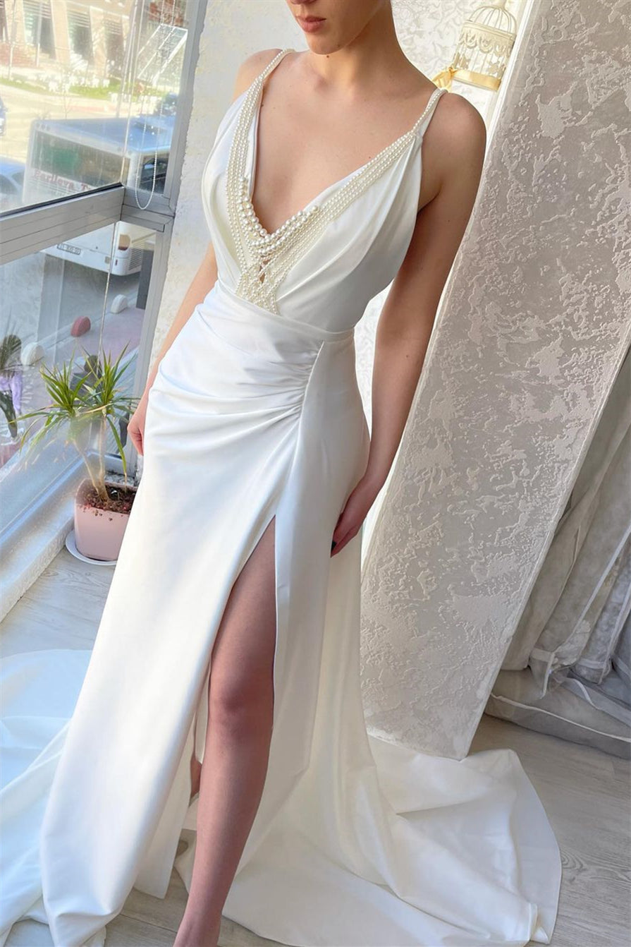 Chic Long White V-Neck Pearls Sleeveless Prom Dresses Long Slit Online