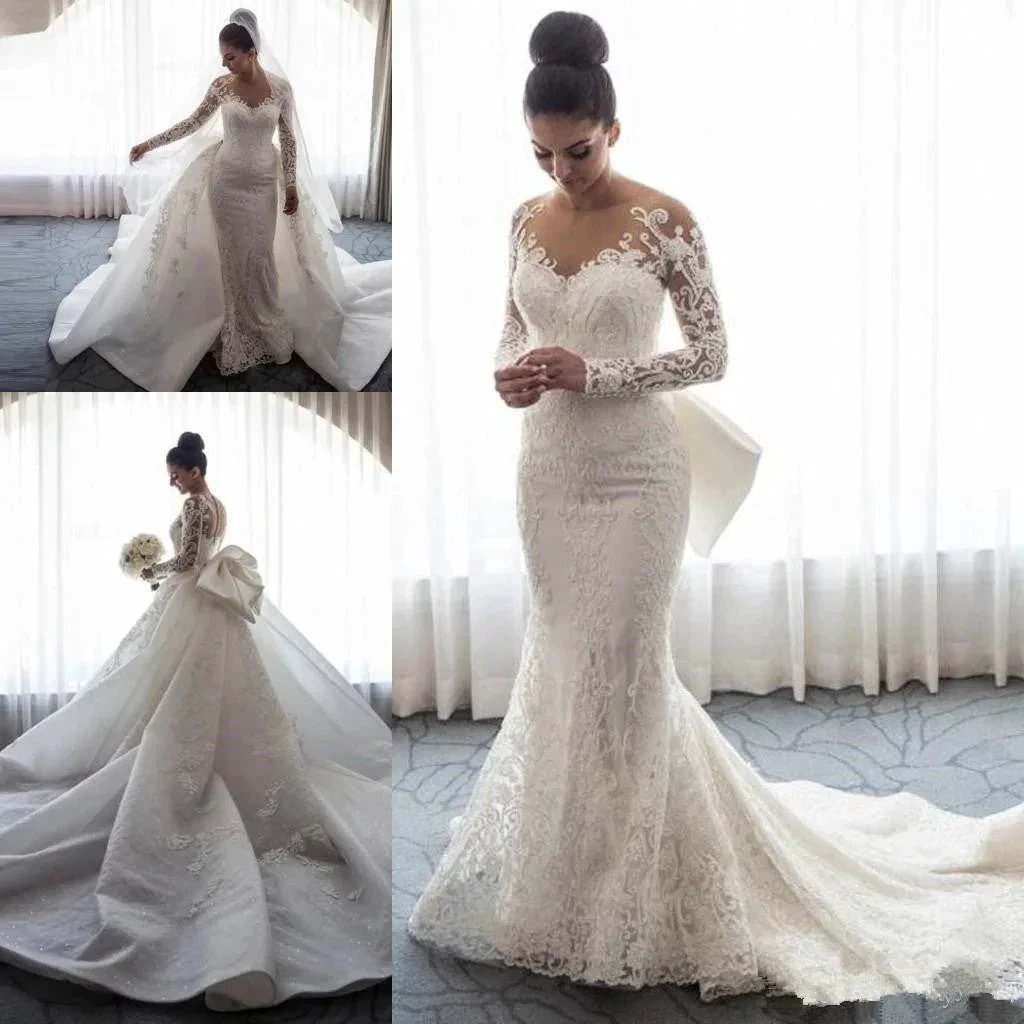 Chic Mermaid Lace Long Sleeves Wedding Dress With Detachable Train (ZD16500)
